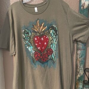 Bella Canvas Olive Graphic Tee with Multicolor Heart Art